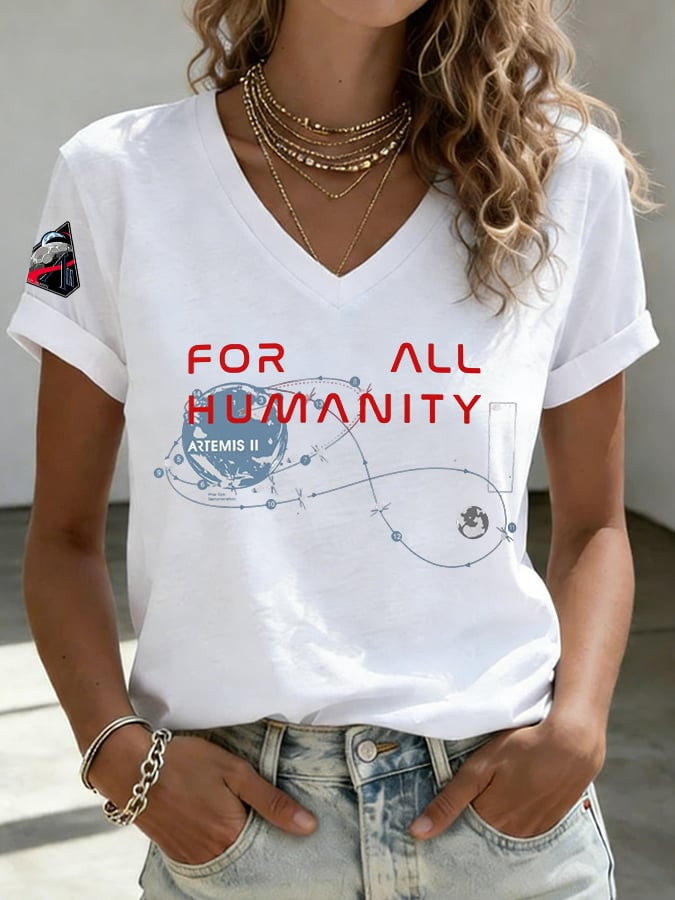 Artemis II For All Humanity V-Neck Shirt NASA 2026 Moon Mission Route Map Apparel Fan Gift