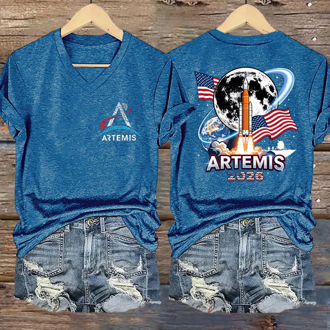 Artemis II Logo Graphic V-Neck Shirt Artemis 2 Mission Merch American Flag Gift For Wife