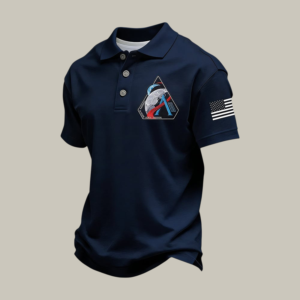 Artemis II Mission Graphic Polo Shirt American Flag NASA Moon Mission 2026 Merch Gift Idea For Him