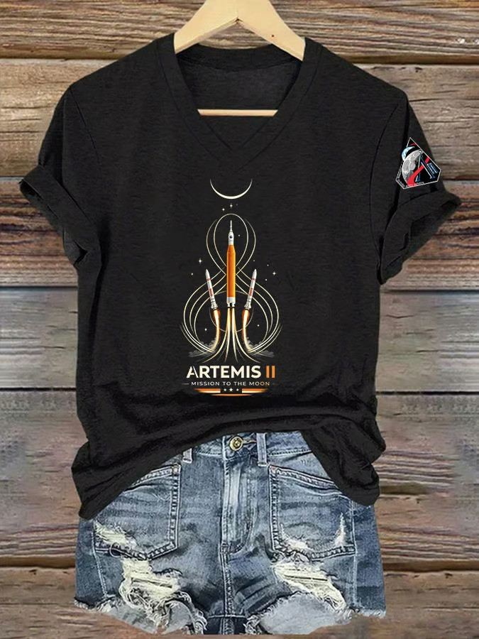 Artemis II Mission To The Moon V-Neck Shirt NASA Rocket And Moon Mission Merch Space Lover Gift