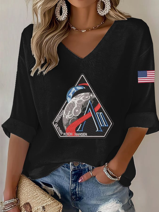 Artemis II Mission V-Neck Long Sleeve Shirt Moon Landing Patch Apparel Gift For Space Lover