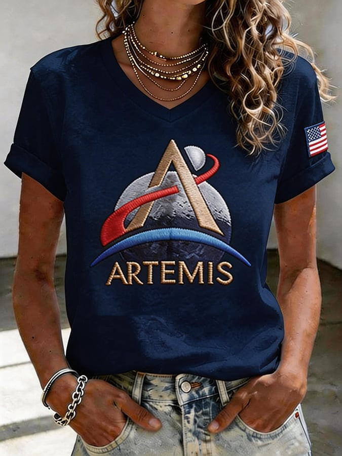 Artemis II Mission V-Neck T-Shirt Space Exploration Logo Apparel Rocket Nerd Gift