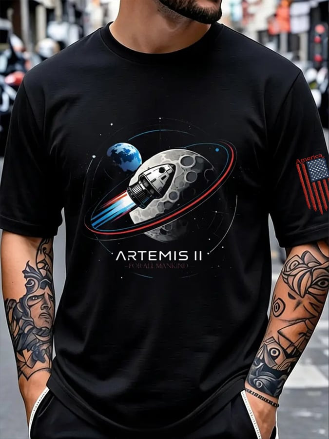 Artemis II Moon Mission 2026 T-Shirt American Flag First Lunar Flyby 2026 Clothes Best Astrophile Gift