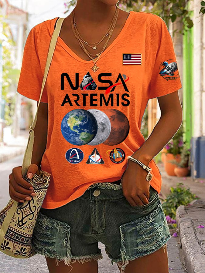 Artemis II NASA Mission V-Neck T-Shirt Celestial Bodies And Logos Apparel Science Student Gift