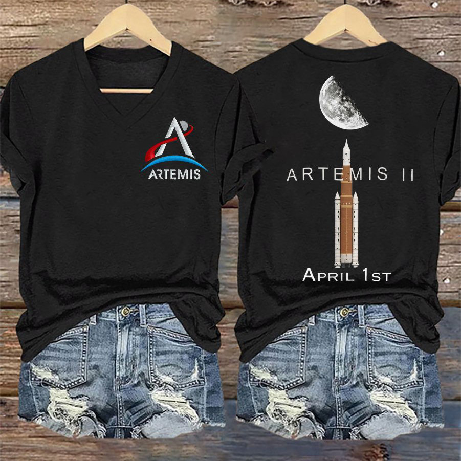 Artemis II NASA Mission V-Neck T-Shirt Rocket Launch To Moon Merchandise Future Astronaut Gift
