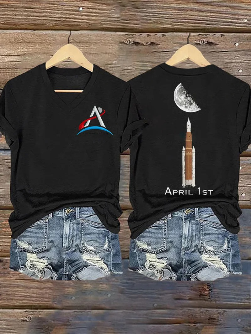 Artemis Launch April 1st V-Neck Shirt NASA Artemis Rocket Moon Mission Merch Space Lover Gift