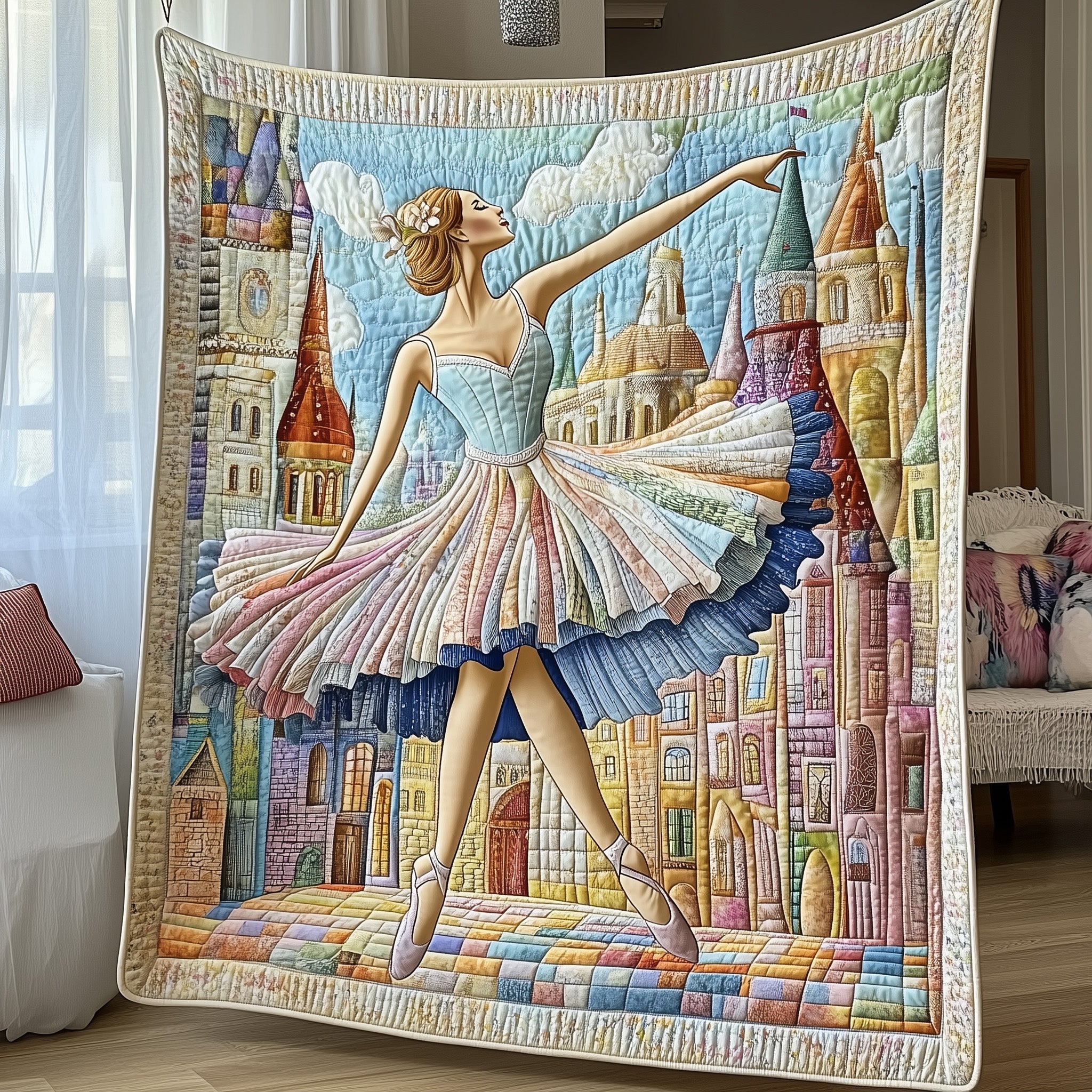 Artistic Ballet Quilt Handmade Quilt Featuring Elegant Dancer With Castle Gift For Dancer