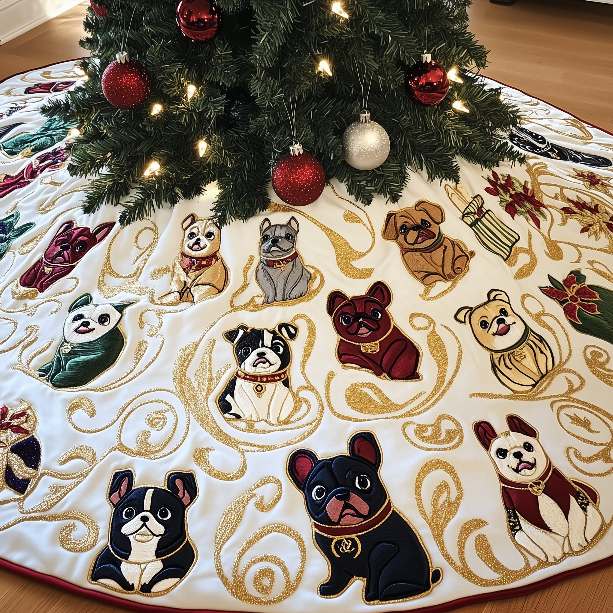 Artistic Bulldog Christmas Tree Skirt Quilted Dog Pattern Holiday Gift for Pet Enthusiasts
