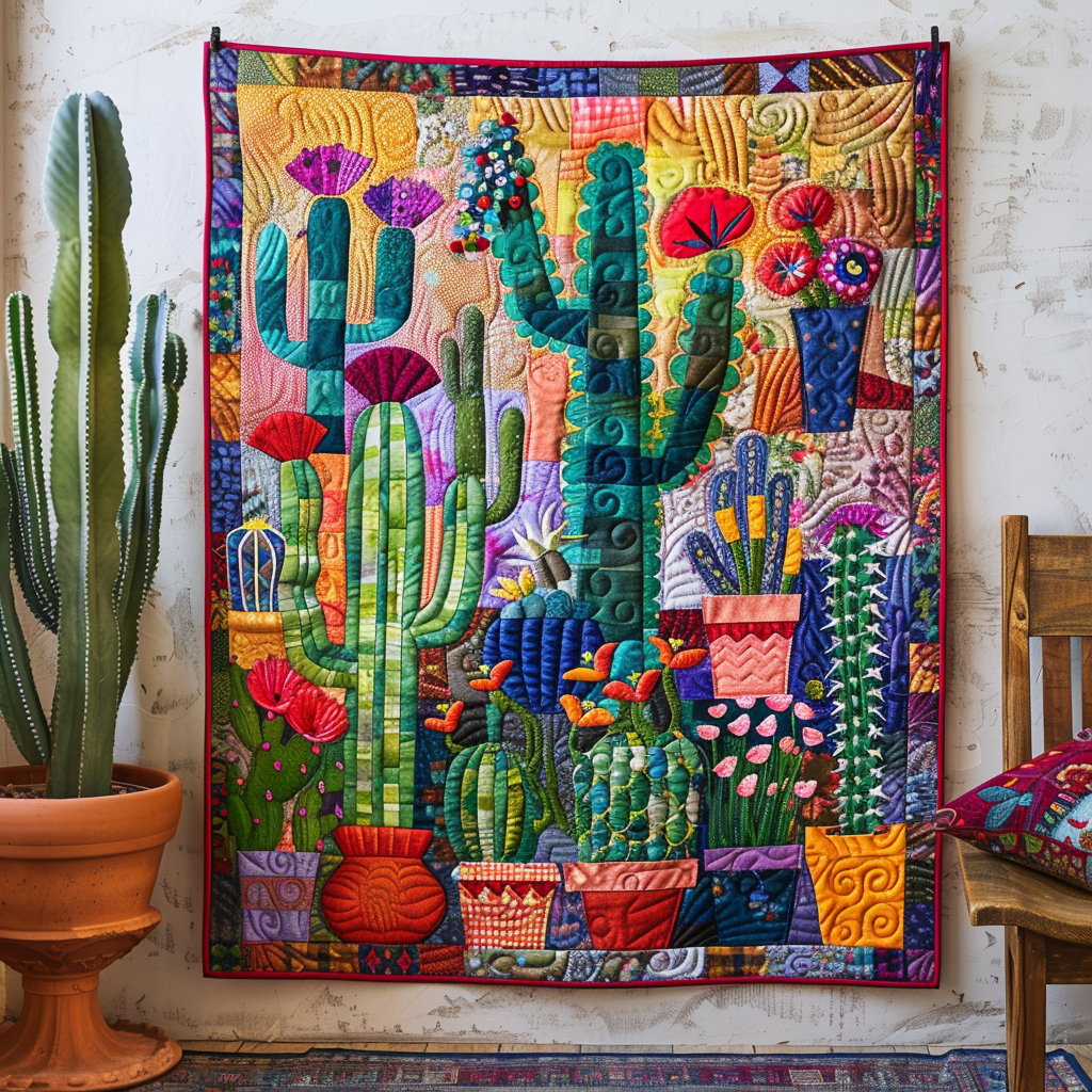 Artistic Cactus Landscape Quilted Blanket Gift For Cactus Lover