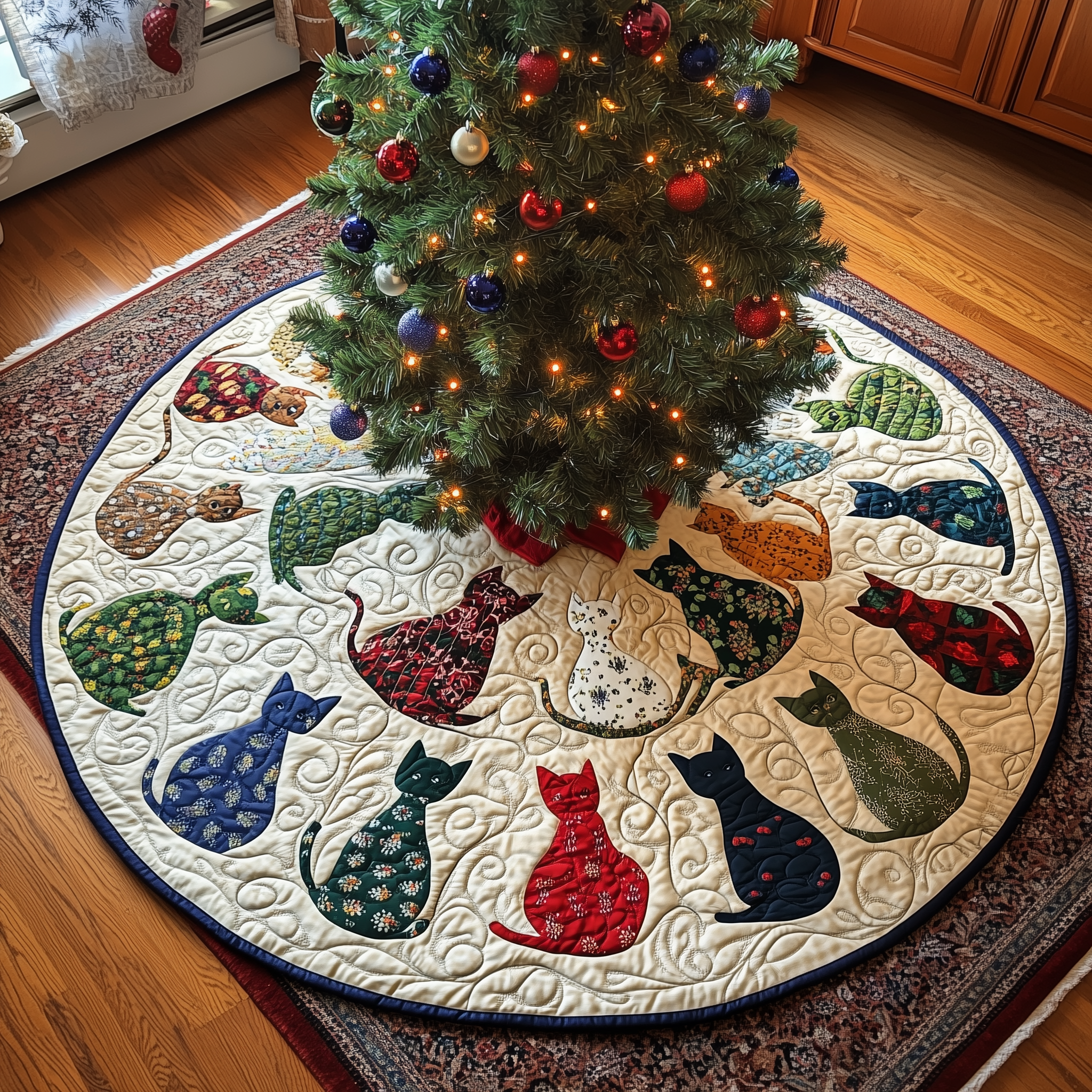 Artistic Cat Christmas Tree Skirt Quilted Feline Design Perfect Holiday Decor Gift Idea