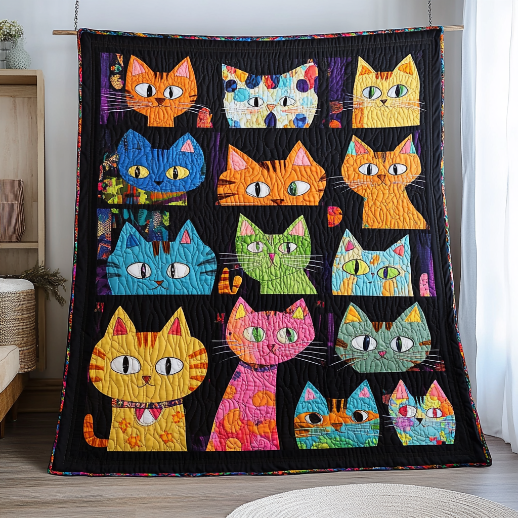 Artistic Cat-Themed Quilted Blanket Unique Cat Gifts