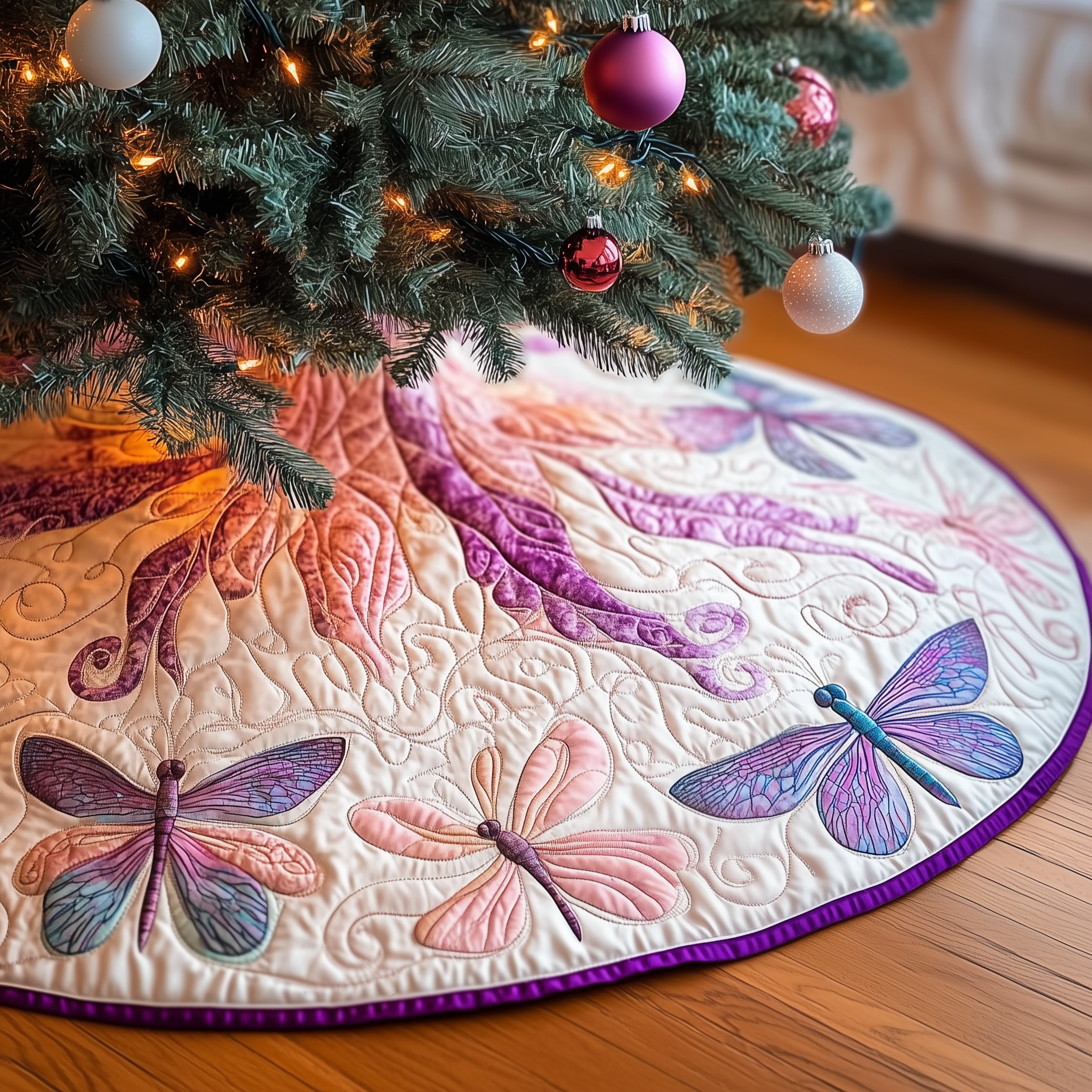 Artistic Dragonfly Xmas Tree Skirt Quilted Handmade Holiday Gift for Festive Home Decor