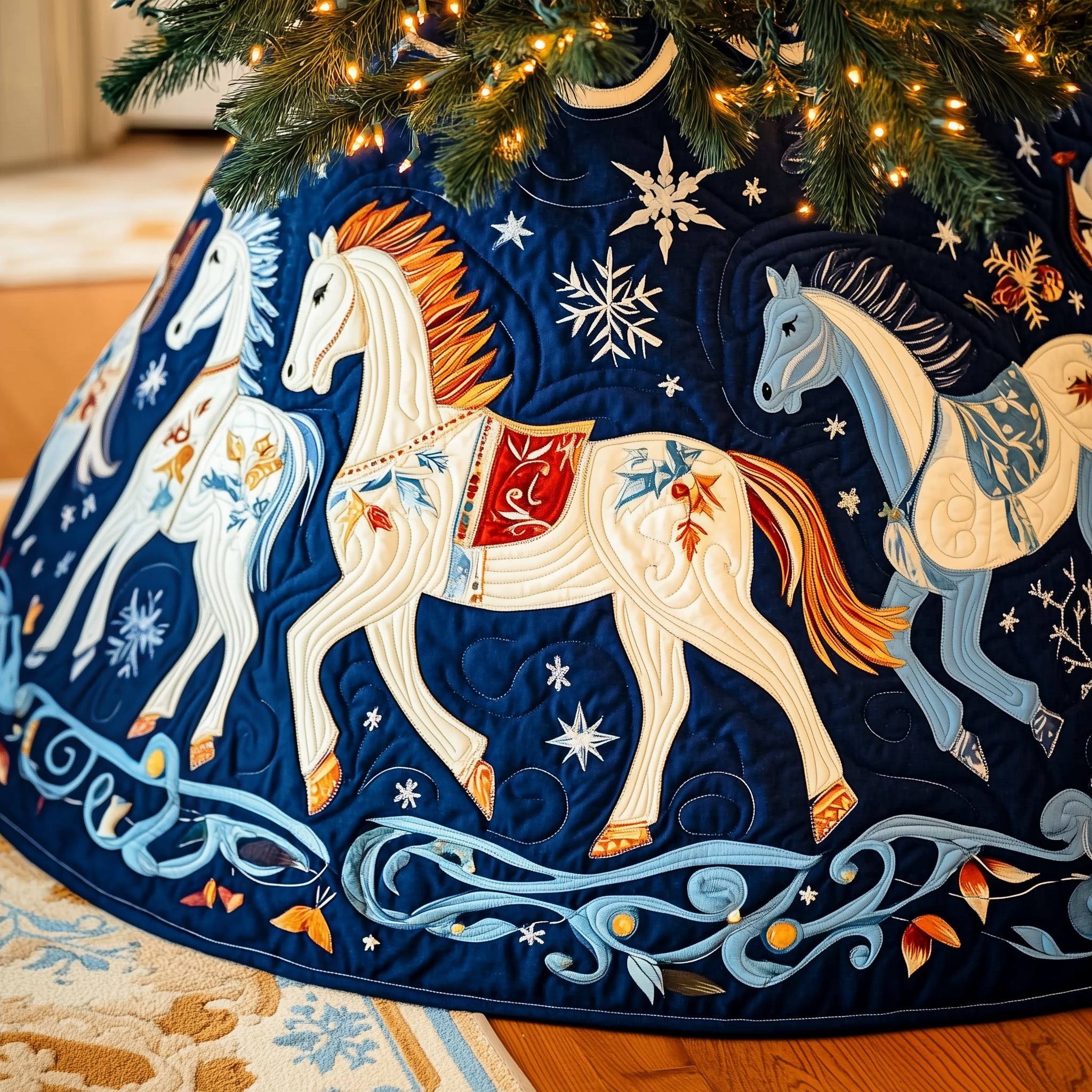 Artistic Horse Christmas Tree Skirt Quilted Handmade Holiday Gift for Festive Home Decor