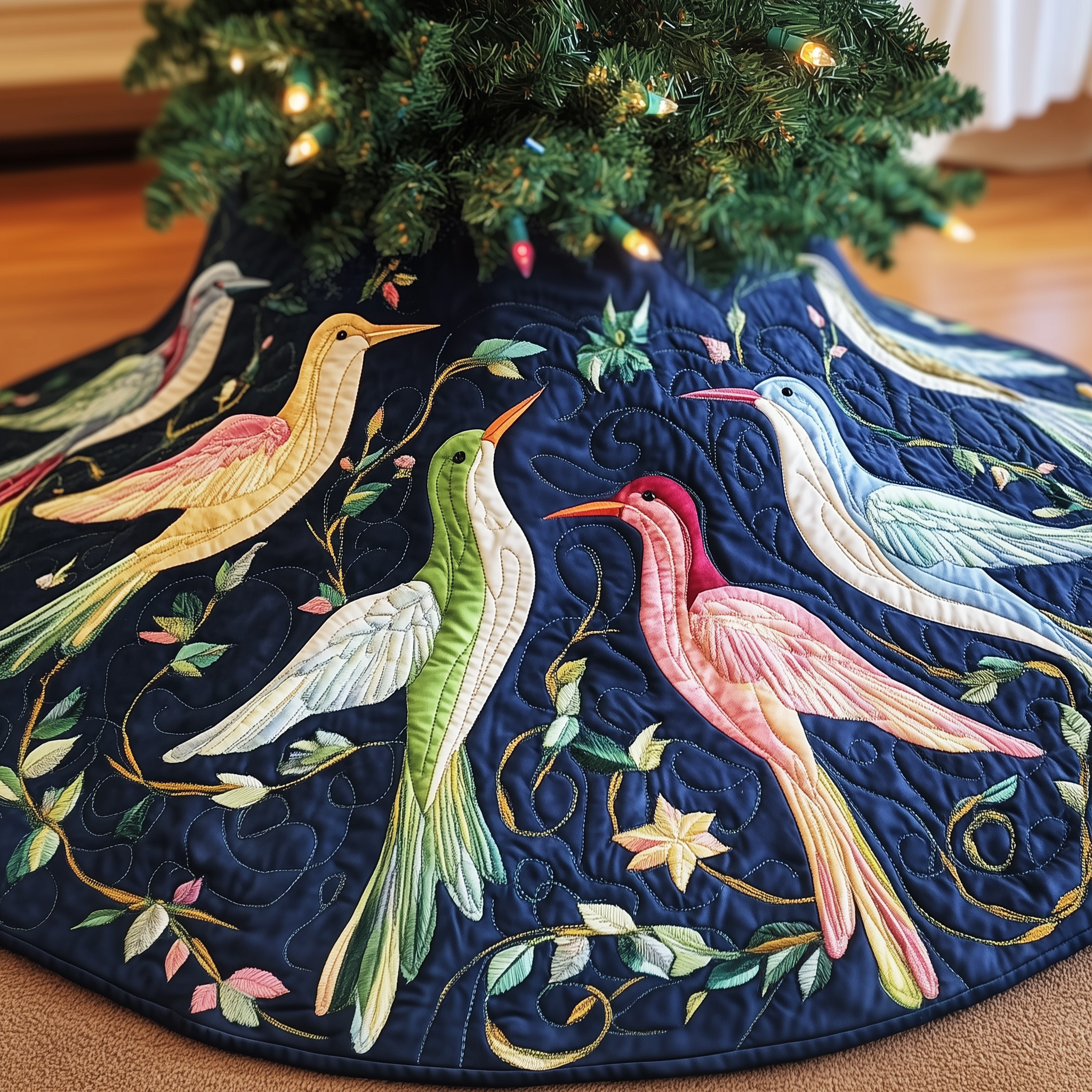 Artistic Hummingbird Modern Tree Skirt Quilted Handmade Holiday Decoration Gift Idea