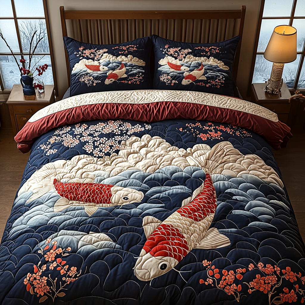Artistic Japanese Koi Quilted Bedding Set Bed Decor Ideas Koi Birthday Gift