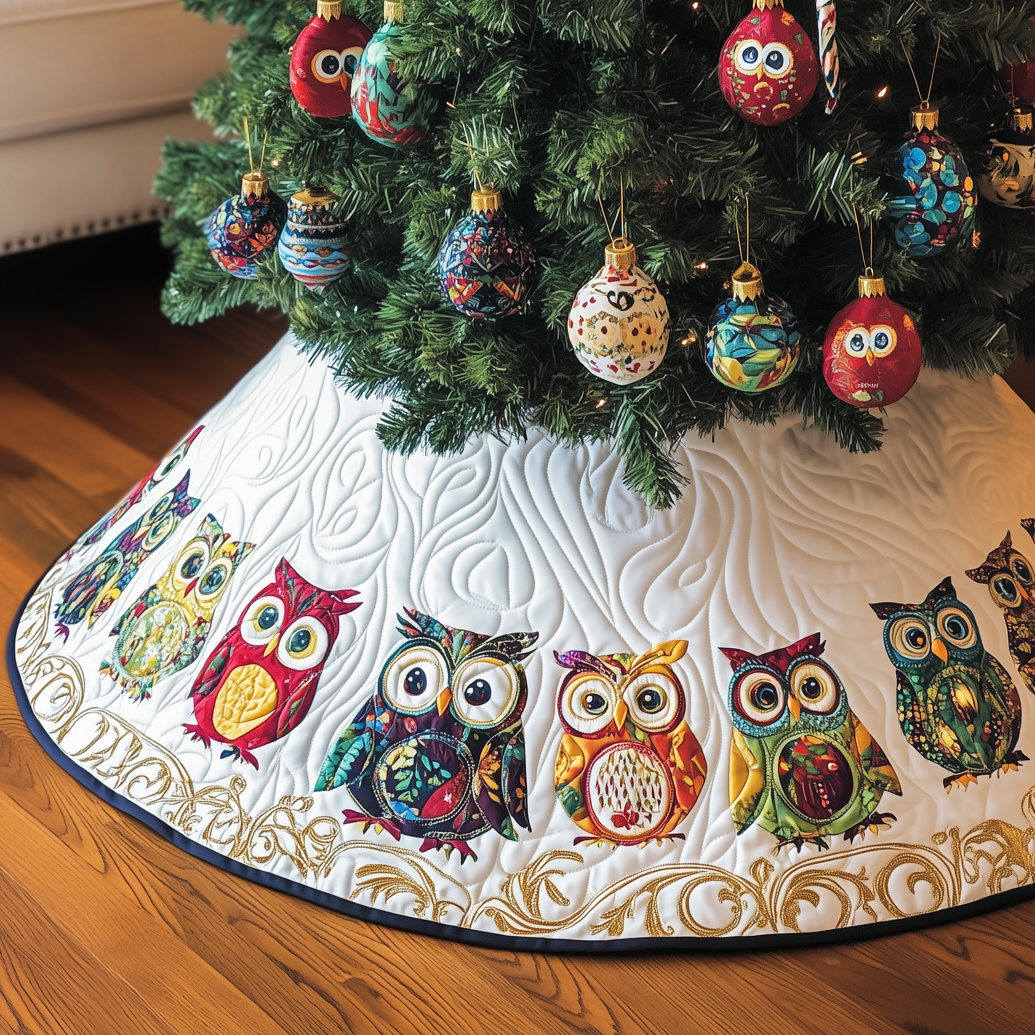 Artistic Owl Christmas Tree Skirt Quilted Handmade Holiday Gift for Colorful Festive Home Decor