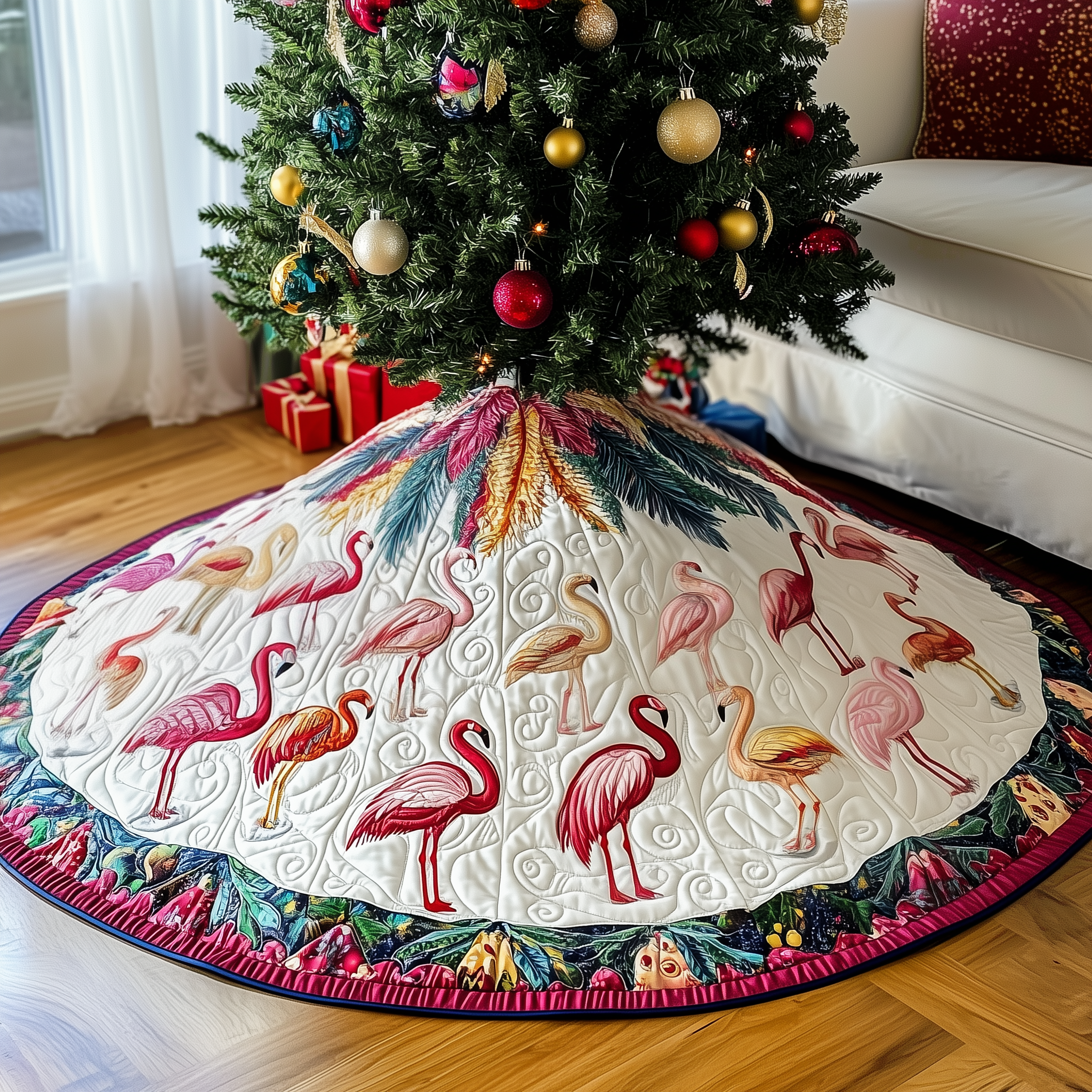 Artistic Pink Flamingo Christmas Tree Skirt Quilted Handmade Holiday Gift for Festive Home