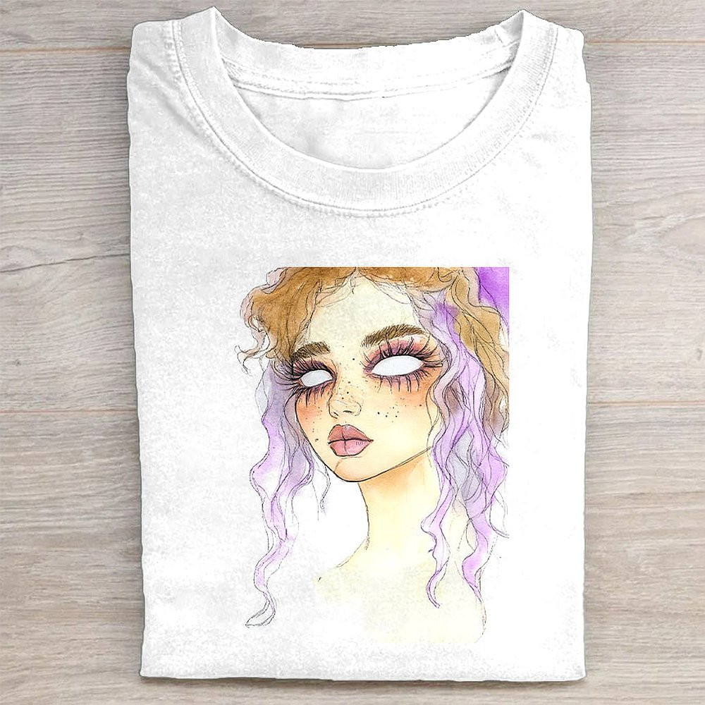 Artistic Purple Hair Girl Design Women's Fashion T-Shirt Trendy Aesthetic Tee For Girls