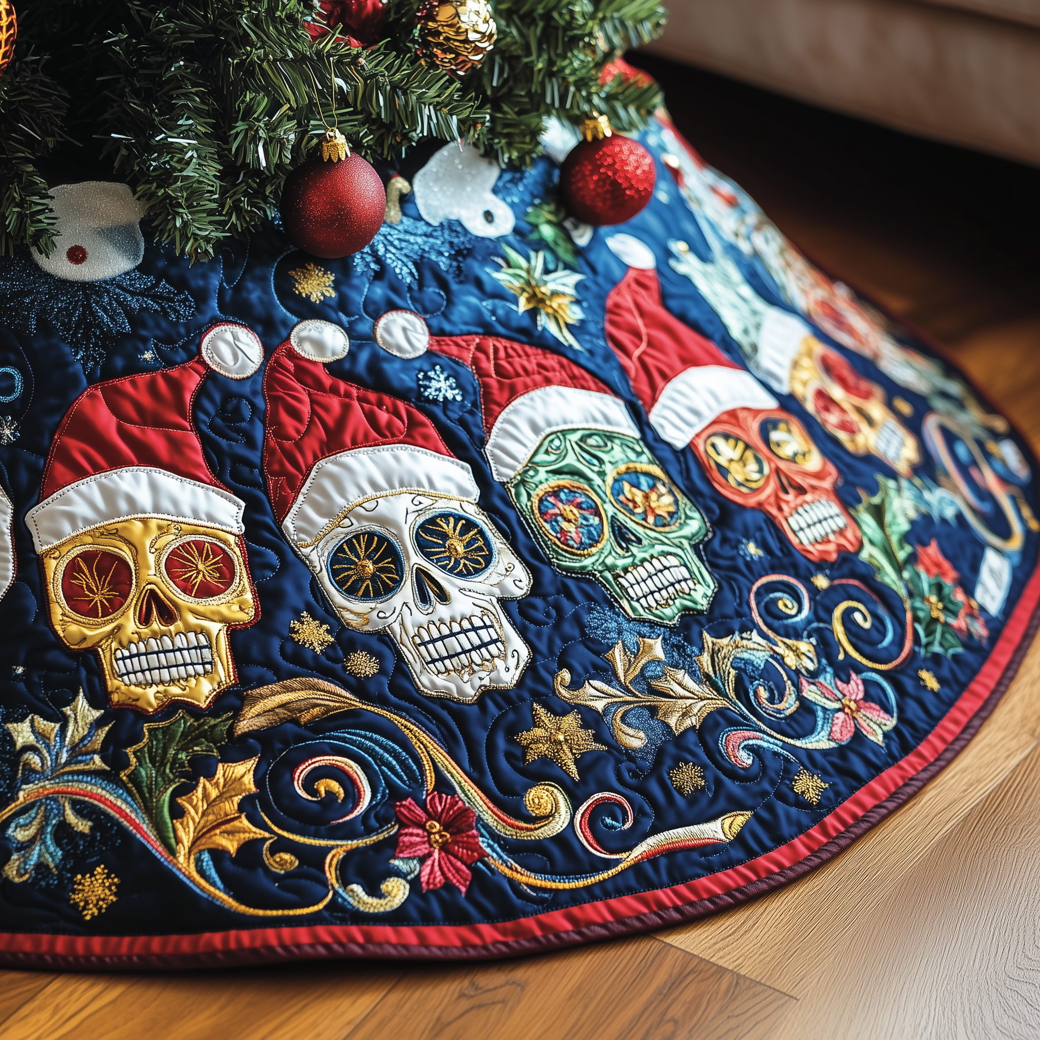 Artistic Santa Hat Sugar Skull Christmas Tree Skirt Quilted Handmade Holiday Gift for Bold Home Decor