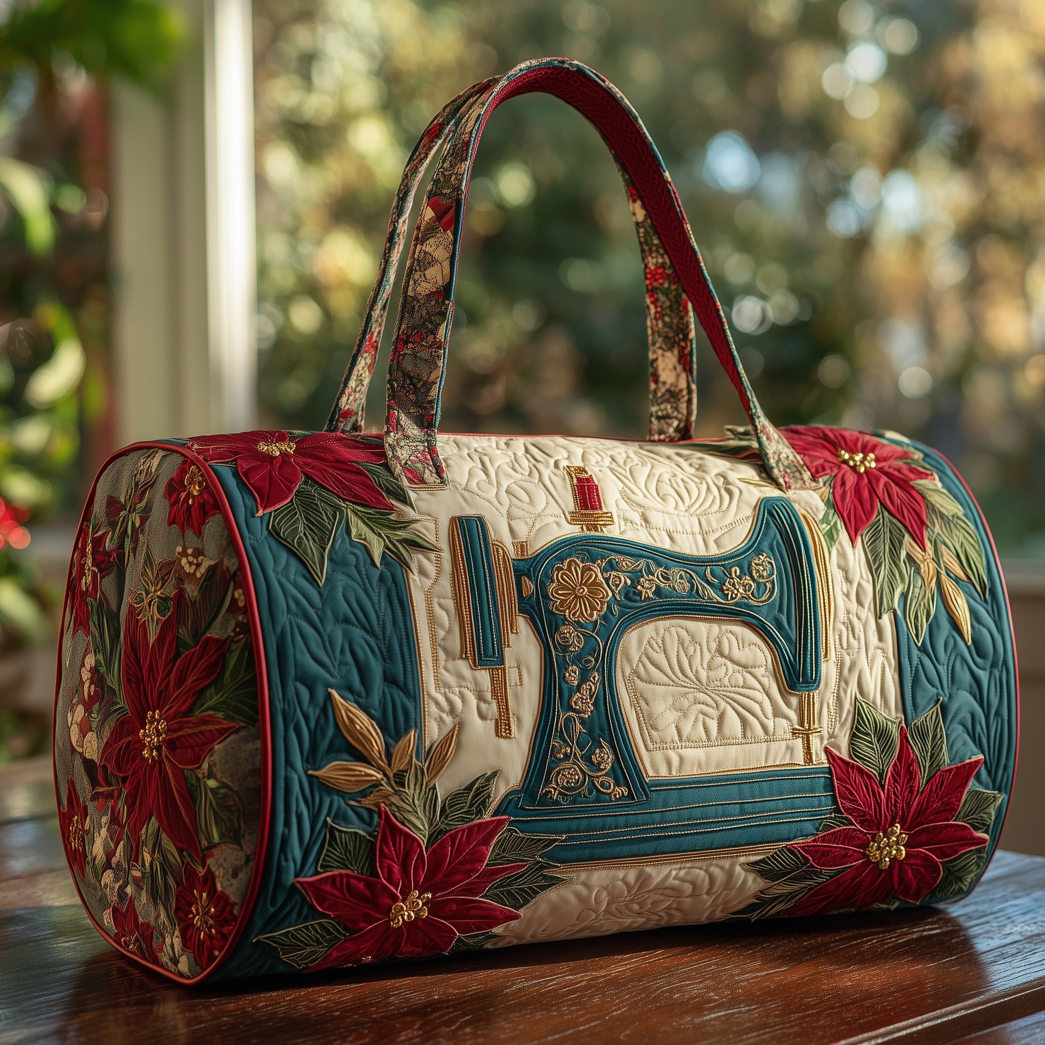 Artistic Sewing Machine Quilted Duffle Bag Organized Storage Pockets