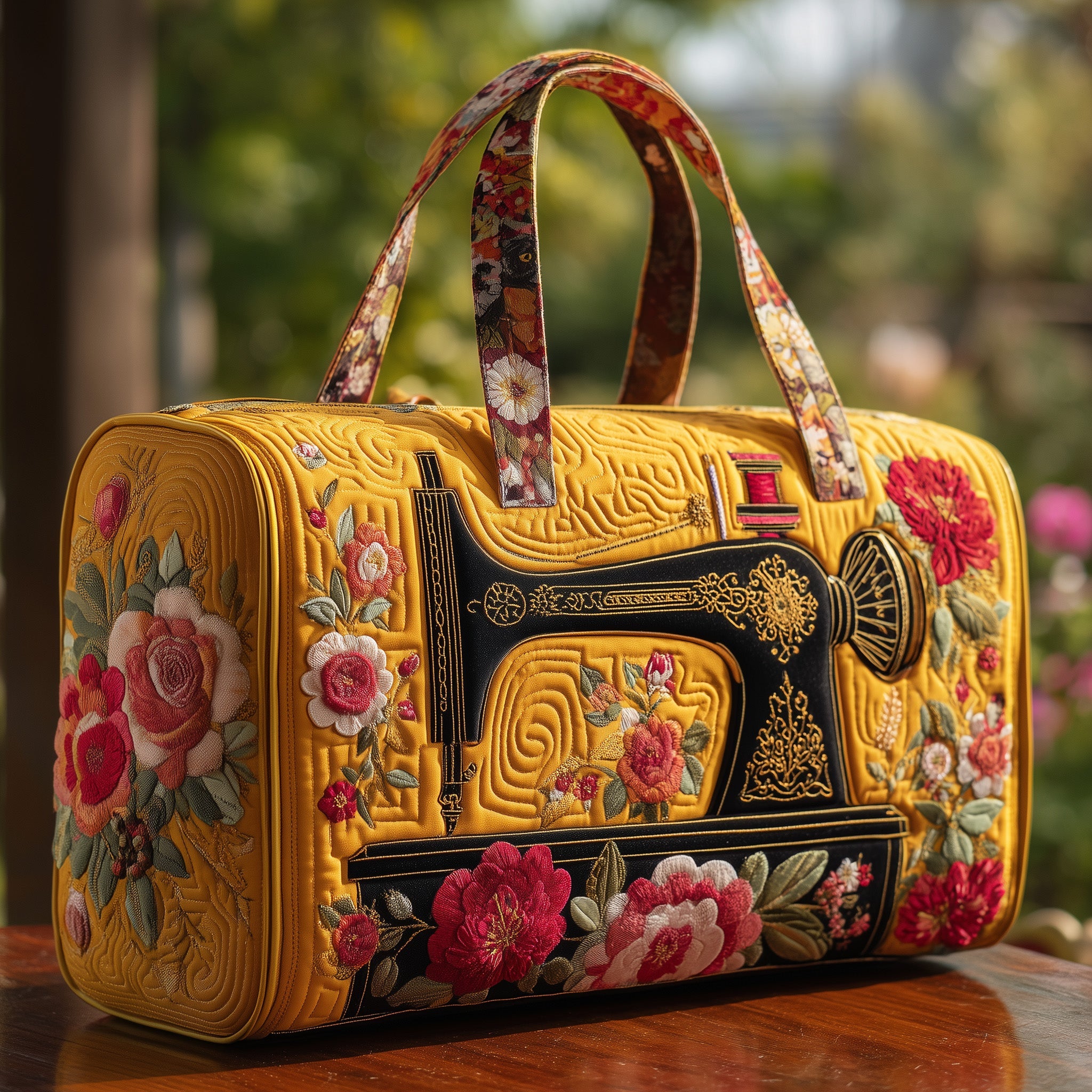 Artistic Sewing Machine Quilted Duffle Bag Travel Friendly Design