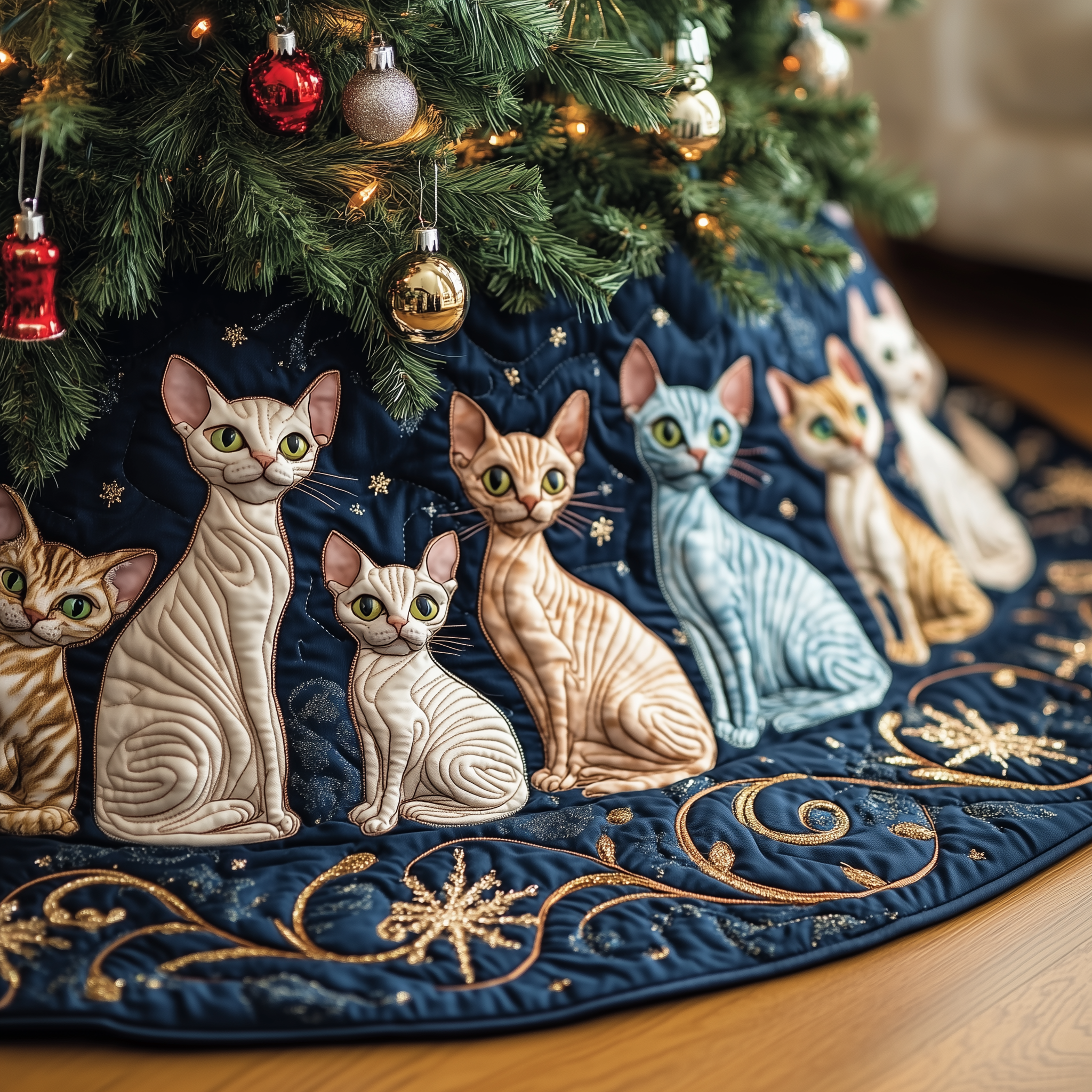 Artistic Sphynx Cat Modern Tree Skirt Quilted Handmade Holiday Decoration Gift for Cat Owners