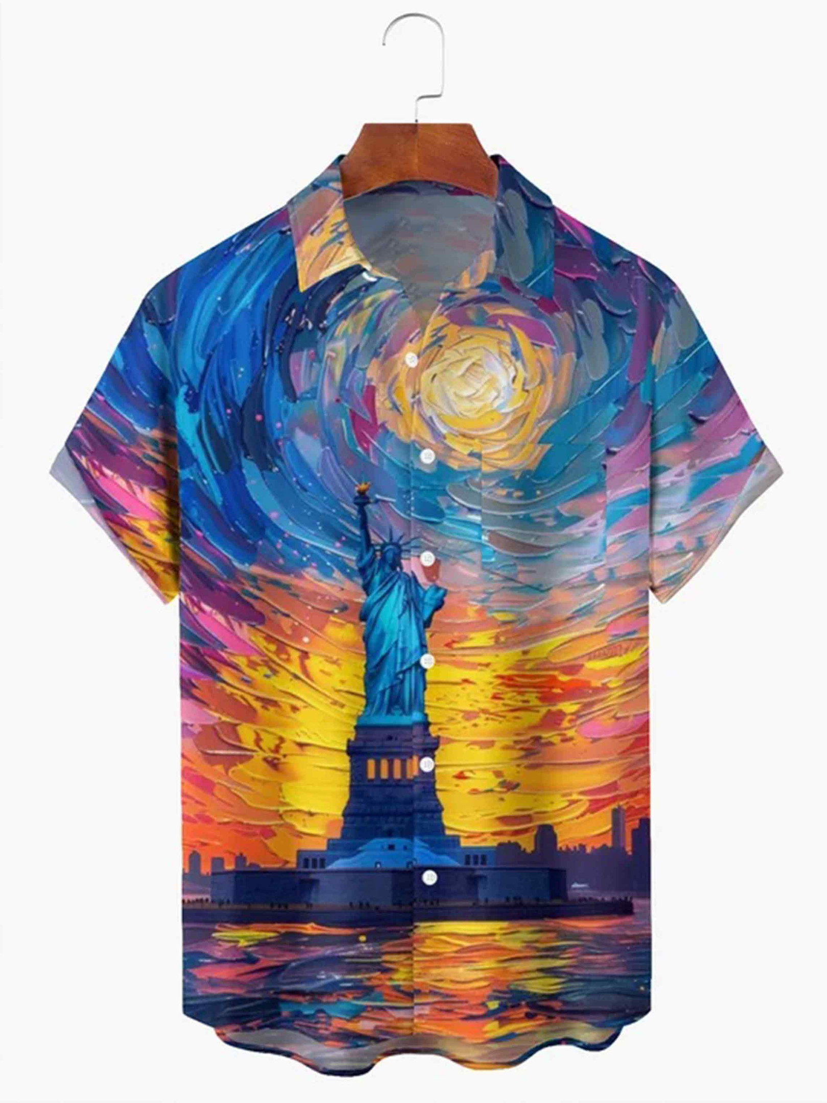 Artistic Statue Of Liberty Button Shirt Patriotic Abstract Sunset Clothing Gift For Him