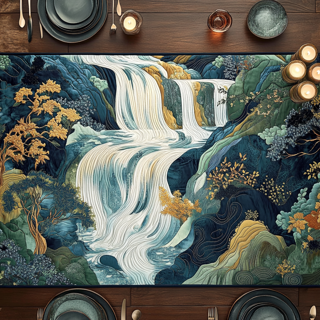 Artistic Woodblock Japanese Waterfall Quilted Table Runner Kitchen Decor Gift Ideas For Mom