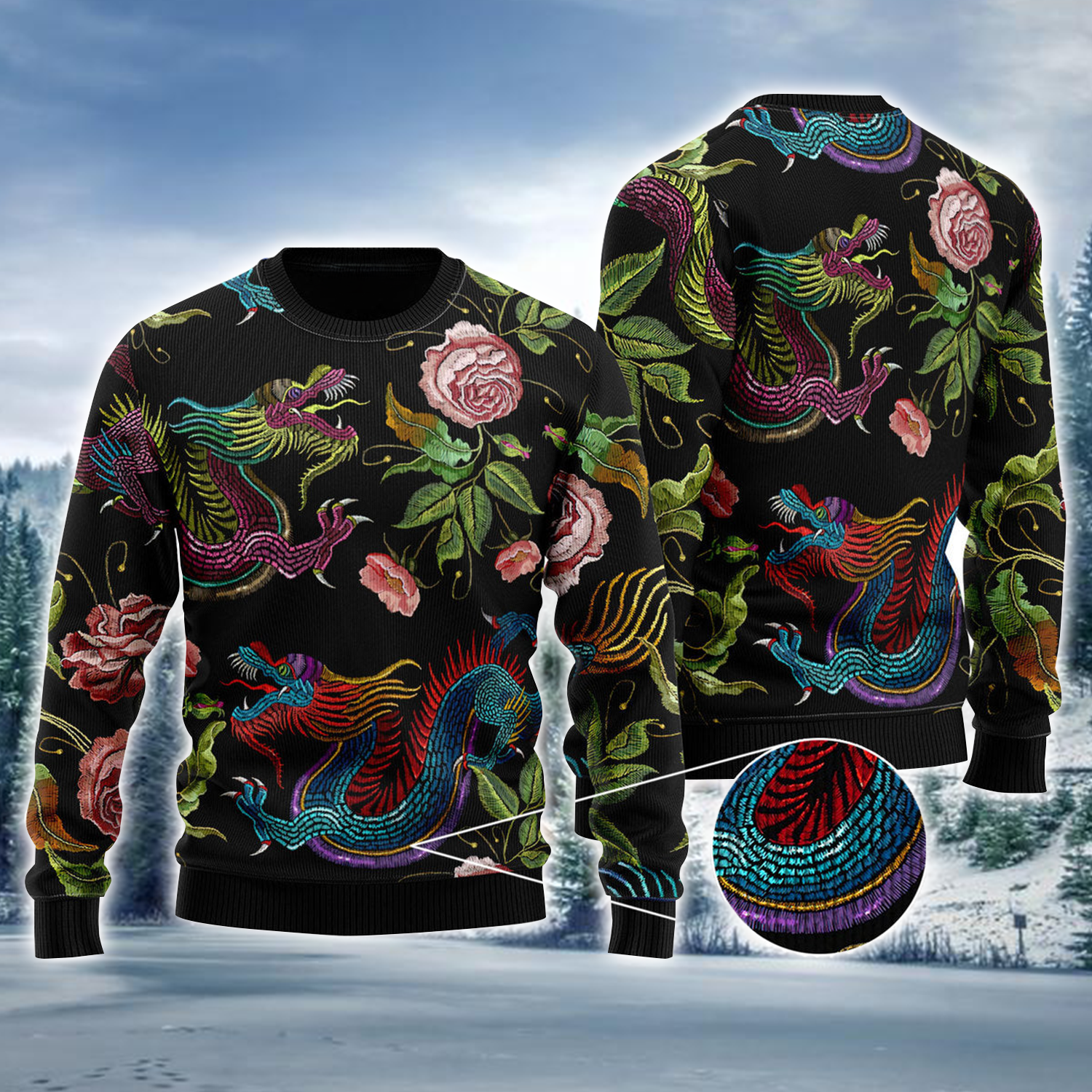Asian Dragons Ugly Christmas Sweater Flower Pattern Dragon Themed Gifts For Adults