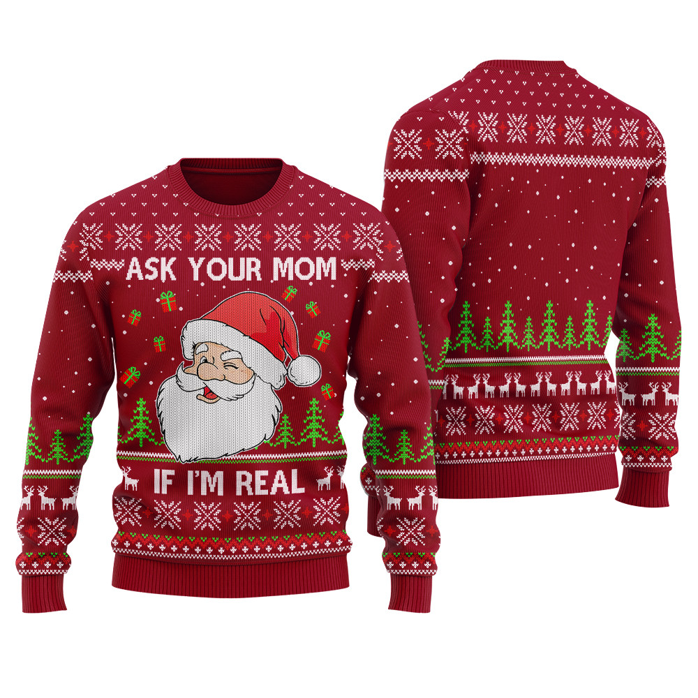 Ask Your Mom If I Am Real Ugly Christmas Sweater Cardinal Red Trendy Christmas Sweater for Winter Outfits