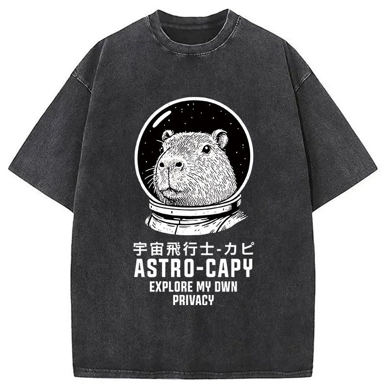 Astronaut Capybara Washed T-Shirt Cool Urban Street Style Shirt Gifts For Him