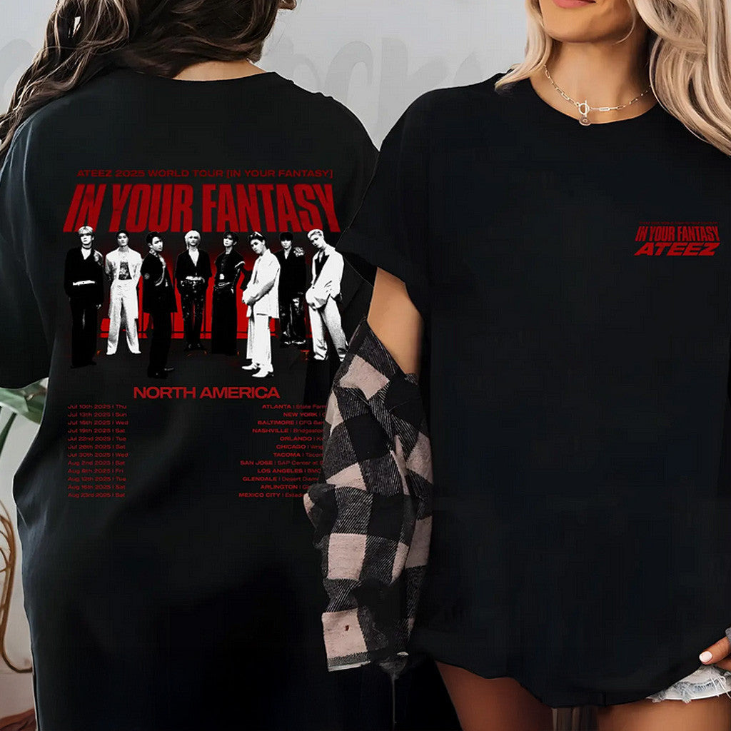 Ateez Merch Retro Ateez 2025 World Tour in Your Fantasy Tour Tracklist T-Shirt Black Ateez Merch Retro Ateez 2025 World Tour in Your Fantasy Tour Tracklist T-Shirt Black