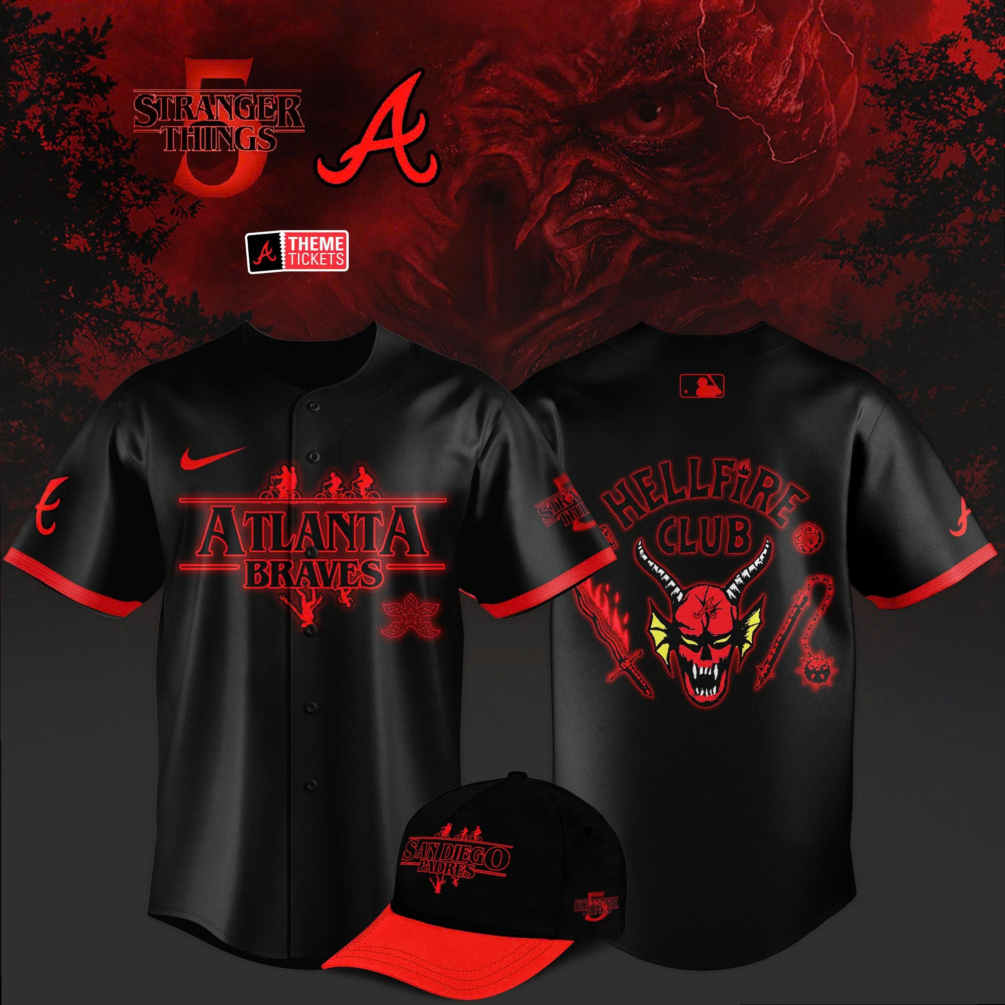 Atlanta Braves MLB x Stranger Things Jersey 2025 Hellfire Club Braves Baseball Fan Merch