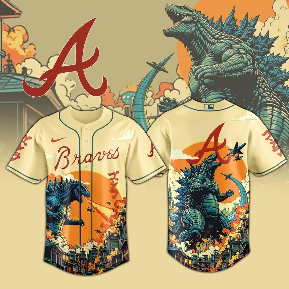 Atlanta Braves X Godzilla Baseball Jersey MLB Merch Fan Godzilla Gifts For Him