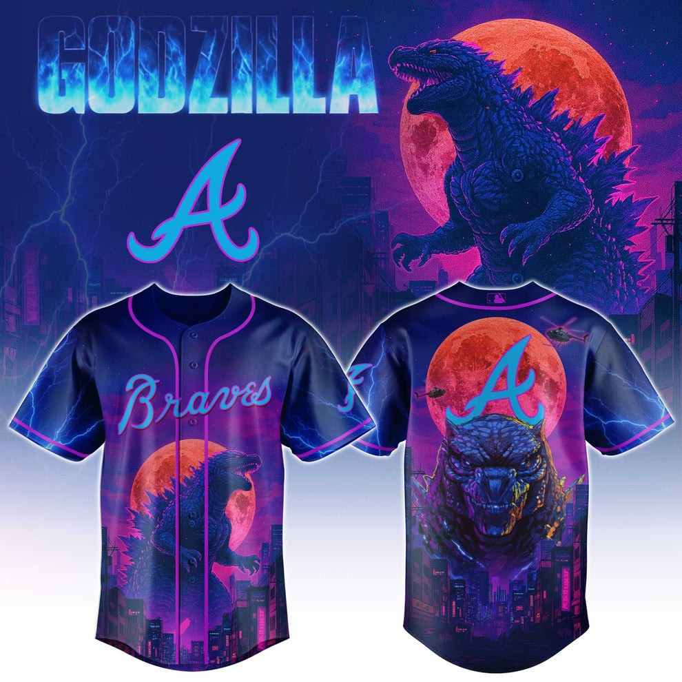 Atlanta Braves X Godzilla Baseball Jersey MLB Merch Unique Gifts For Godzilla Fans