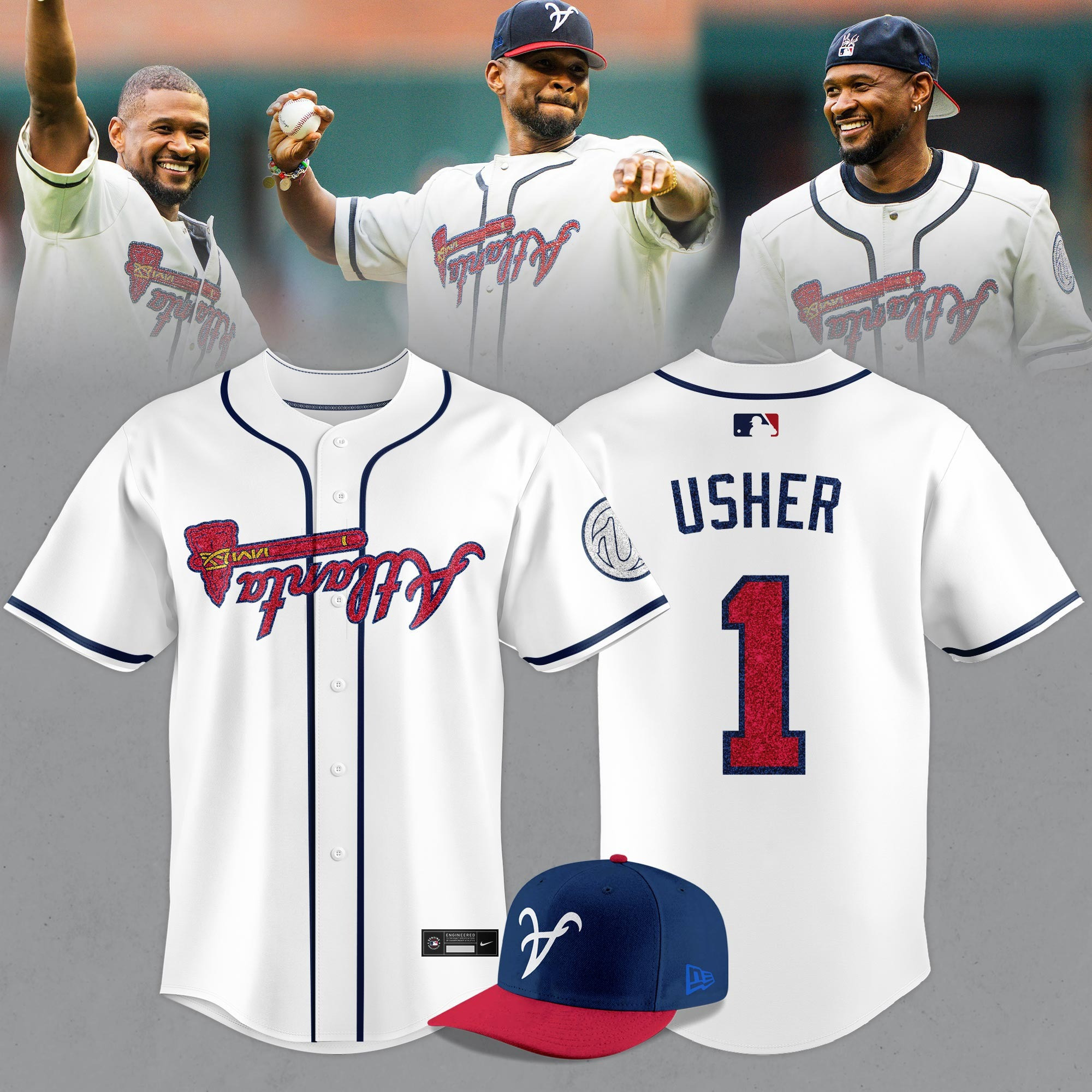 Atlanta Braves X Usher Number 1 Jersey And Hat MLB All Star Game Uniforms Fan Gear Gifts