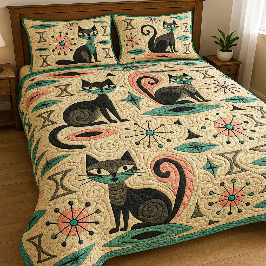 Atomic Catscape Quilted Bedding Set Unique Bed Sheet Set Christmas Gifts For Cat Lovers
