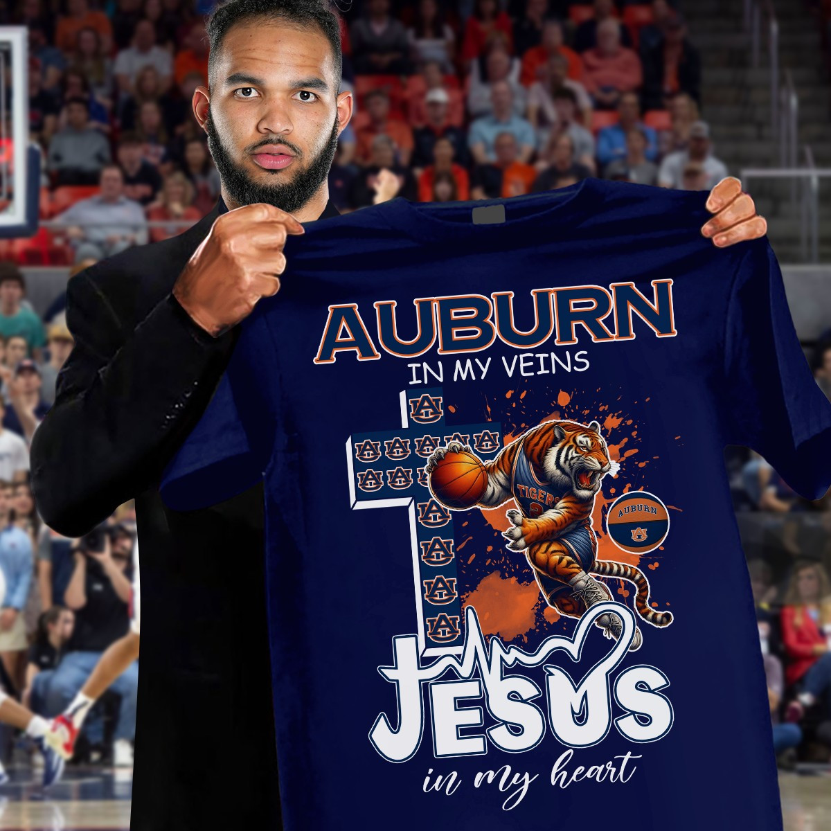 Auburn In My Veins Jesus In My Heart Auburn Tigers T-Shirt Gift Ideas For Basketball Lovers