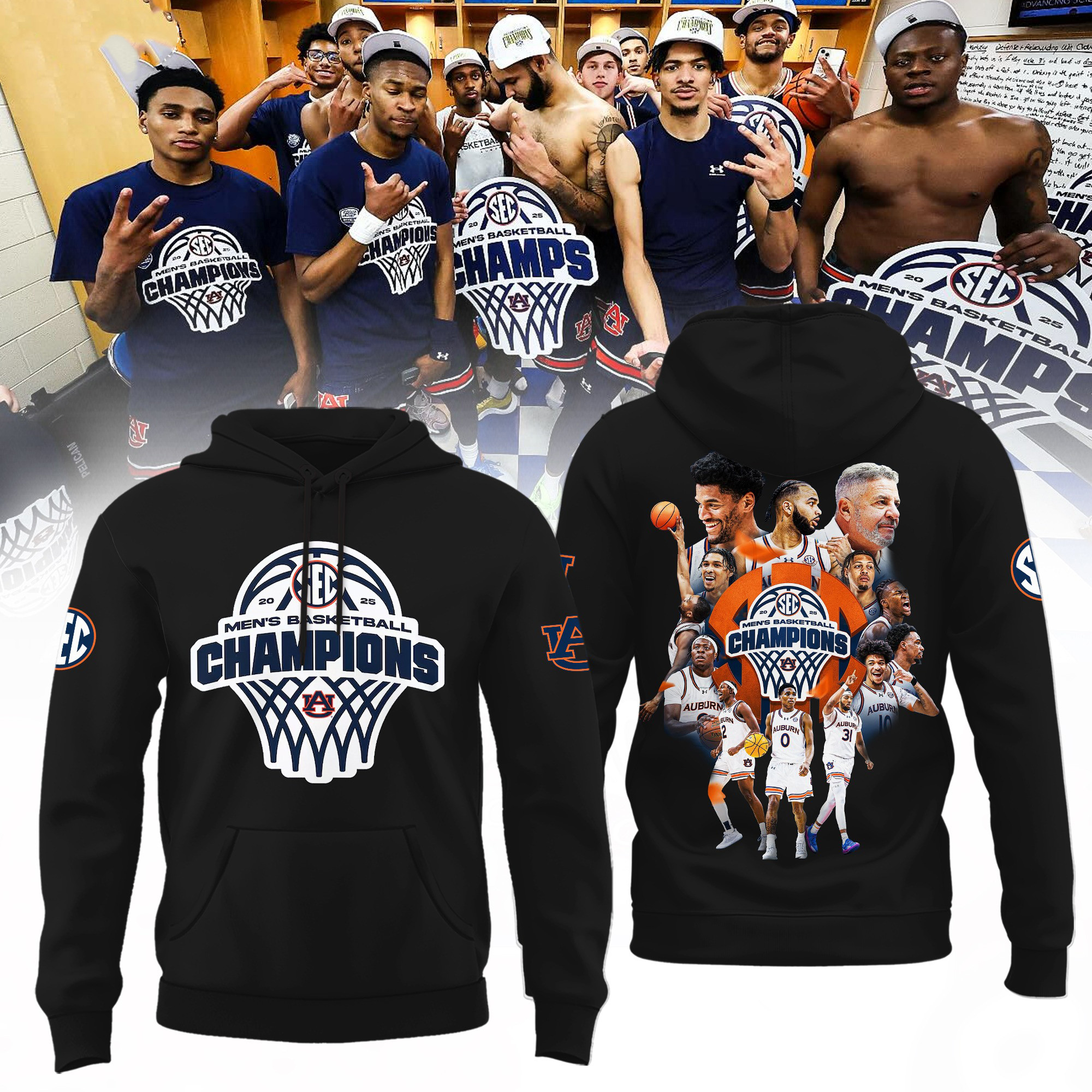 Auburn Tigers 2025 SEC Champions Hoodie Men's Basketball Championship Merch Clothing