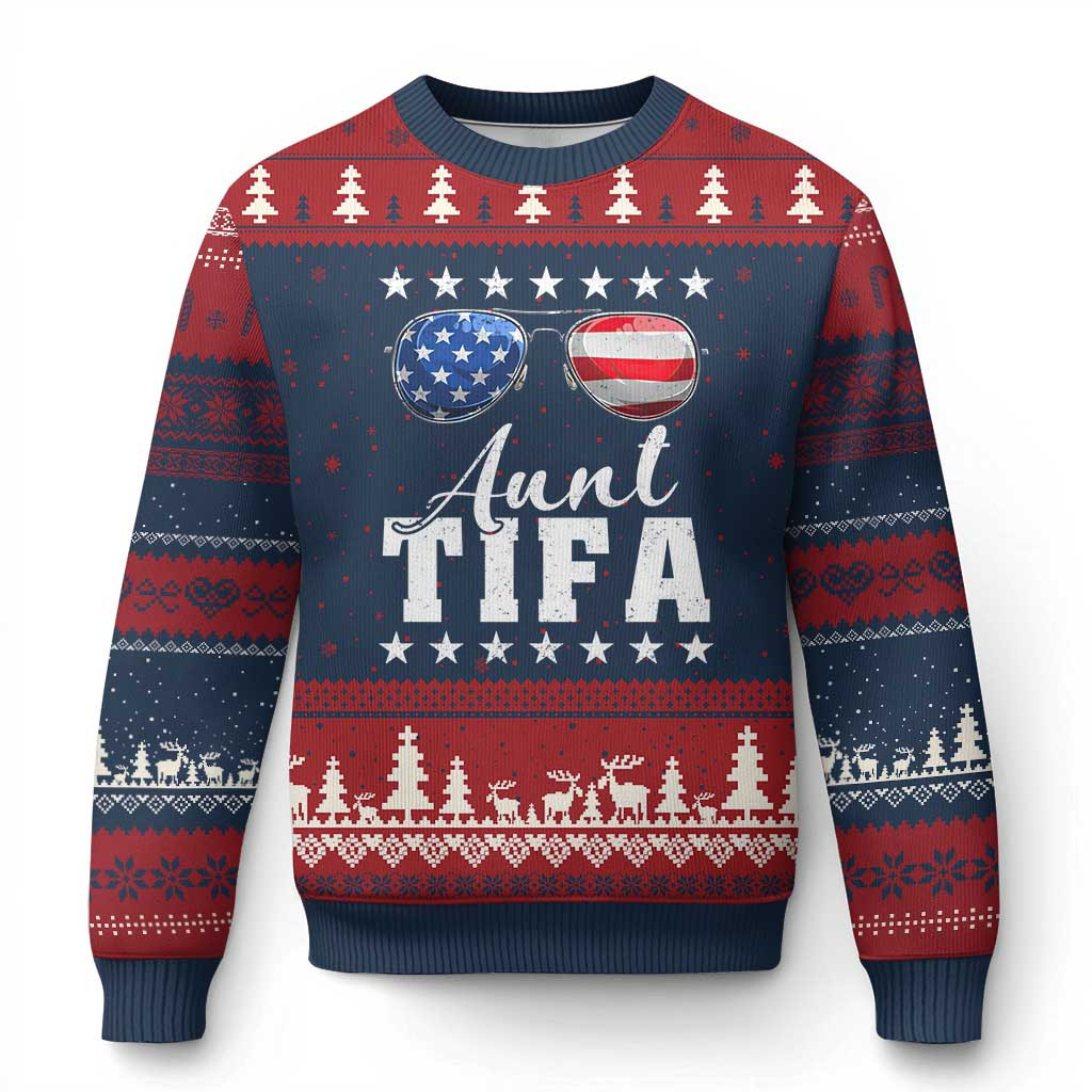 Aunt Tifa US Flag Sunglasses Ugly Christmas Sweater America Trade Political Satire Gifts