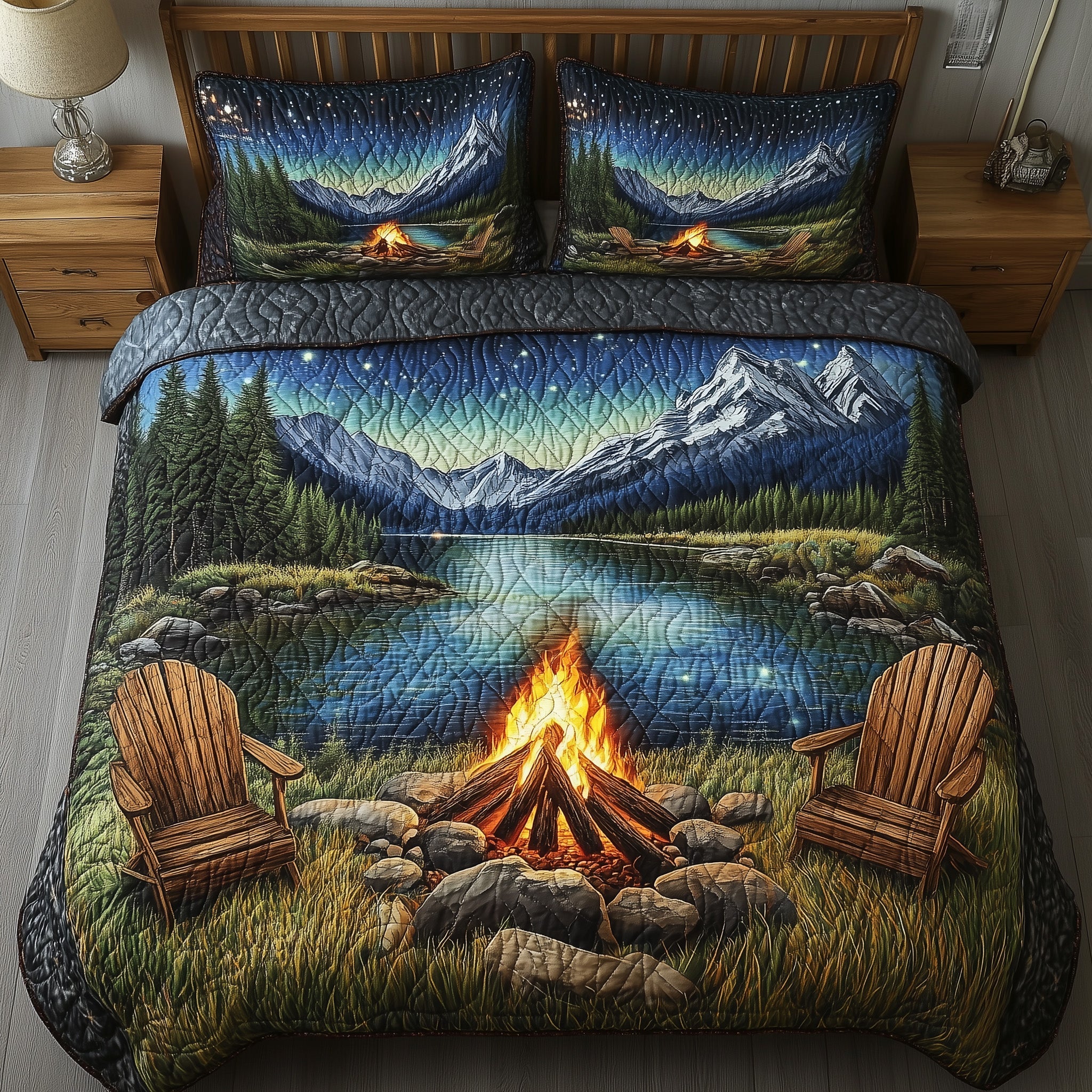 Aurora Campfire Night Quilted Bedding Set Duvet Cover Bed Sheet Gift For Camper