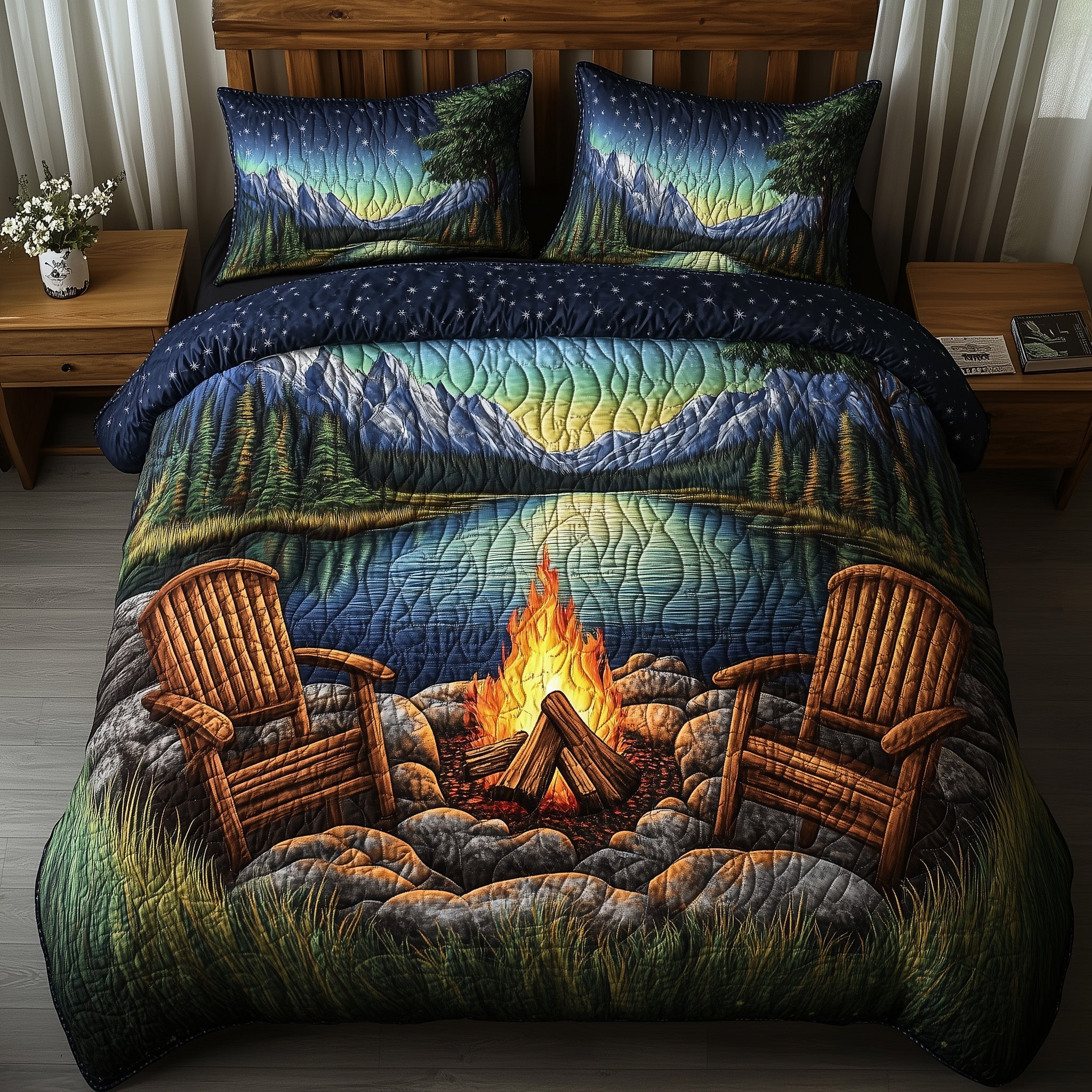 Aurora Campfire Night Quilted Bedding Set Duvet Cover Bed Sheet Themed Camping Gifts Items