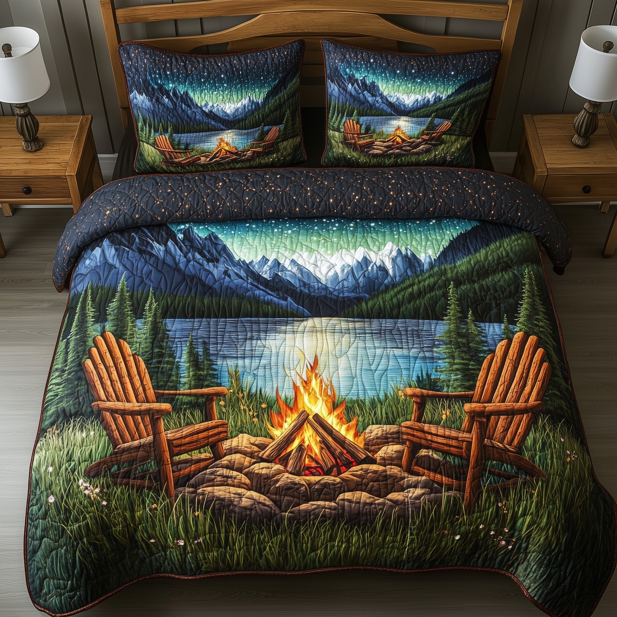 Aurora Campfire Night Quilted Bedding Set Outdoor Nature Bedroom Decor Gift For Campers