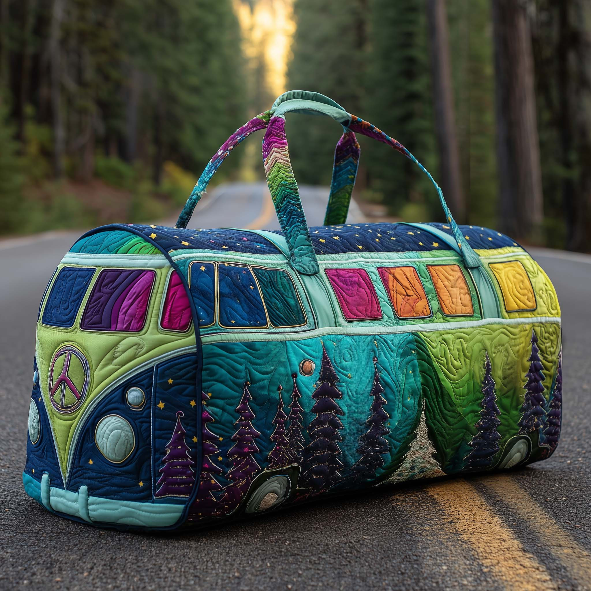 Aurora Hippie Van Quilted Duffle Bag Green Rainbow Night Forest Boho Travel Bag