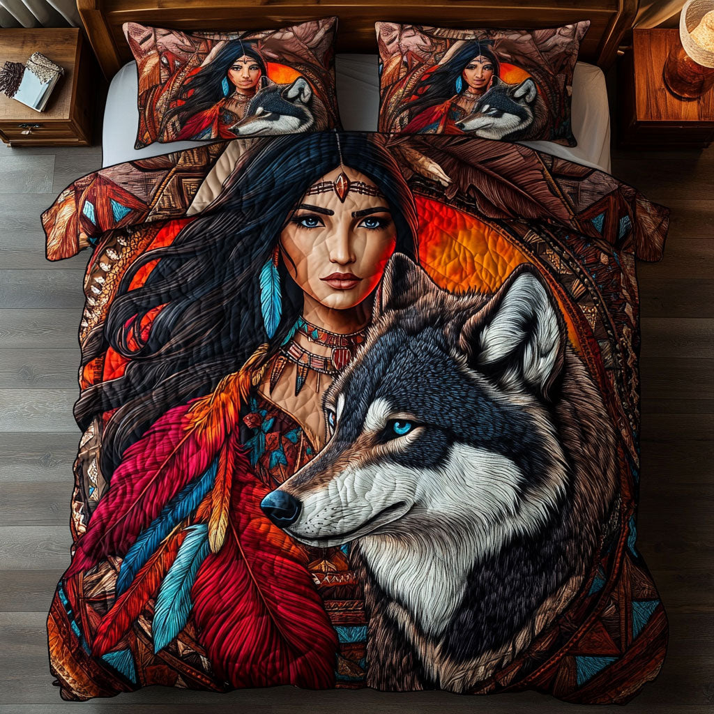 Aurora Wolf And Woman Quilted Bedding Set Duvet Cover Bedspread Xmas Gifts For Couples