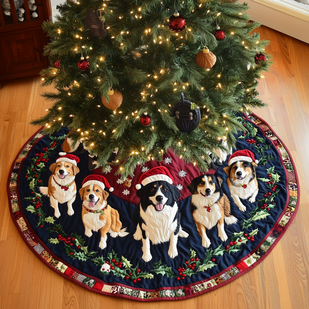 Australian Shepard Noel Christmas Quilted Tree Skirt Classic Red and White Tree Skirt for Traditional Decor