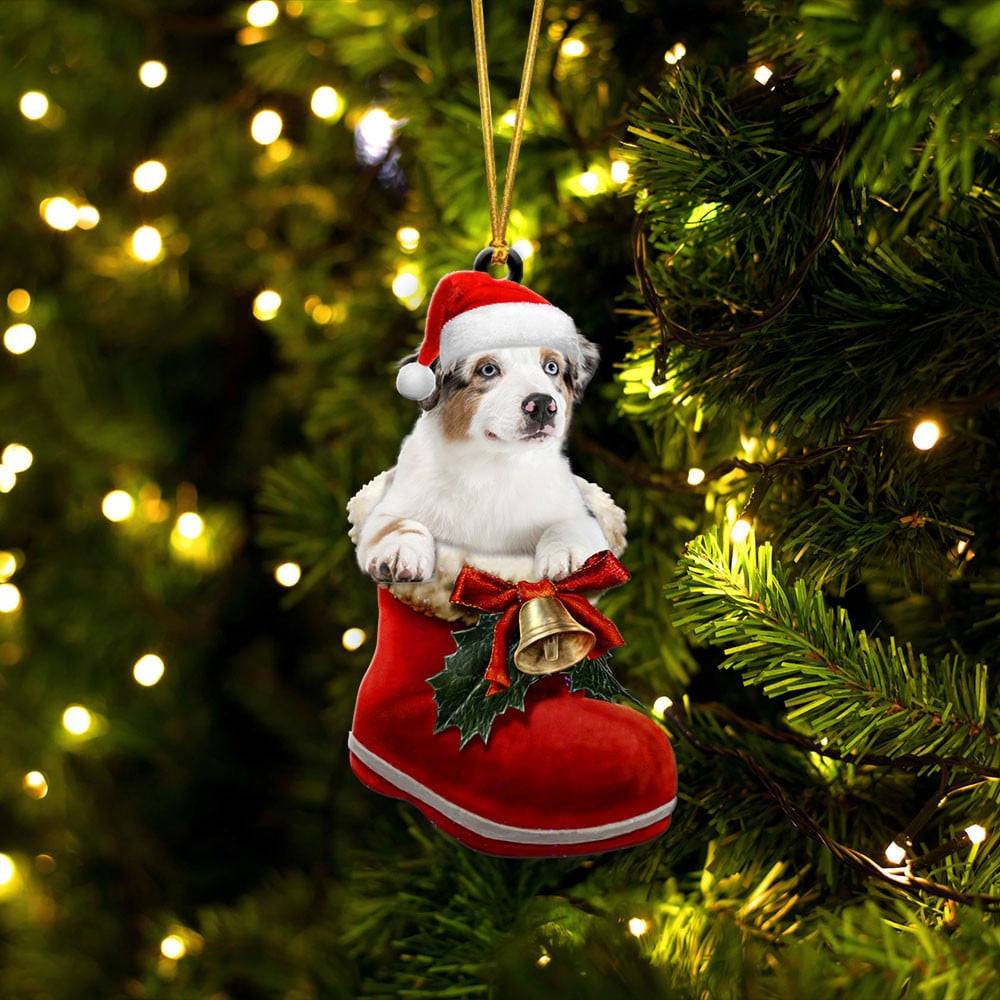 Australian Shepherd In Santa Boot Christmas Two Sided Ornament