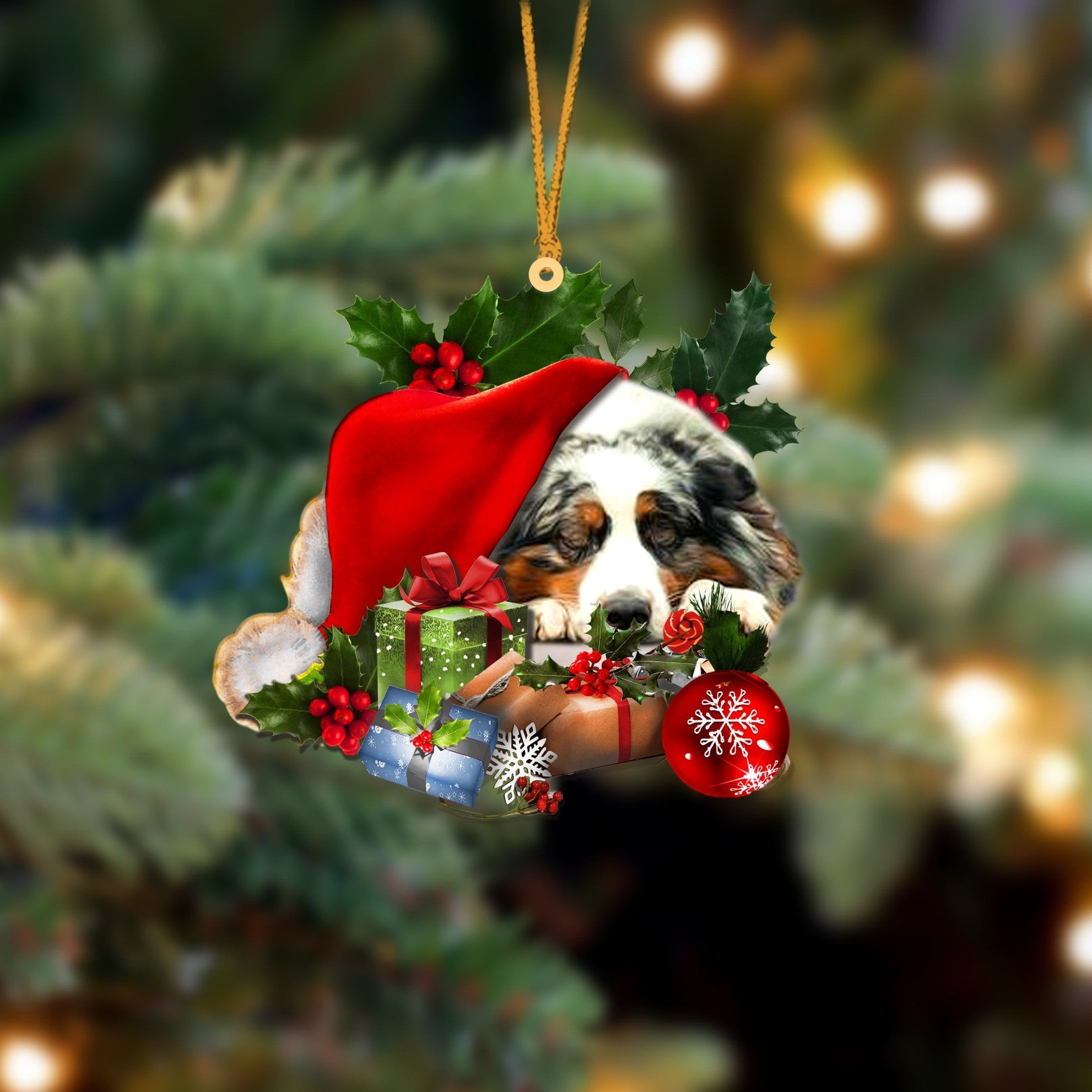 Australian Shepherd Sleeping In Hat Christmas Ornament Two Sided