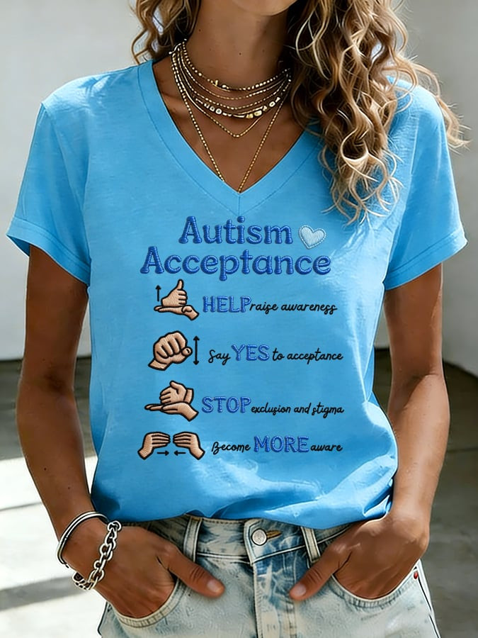 Autism Acceptance V-Neck Shirt Help Yes Stop More Clothing Gift For Autism Mom