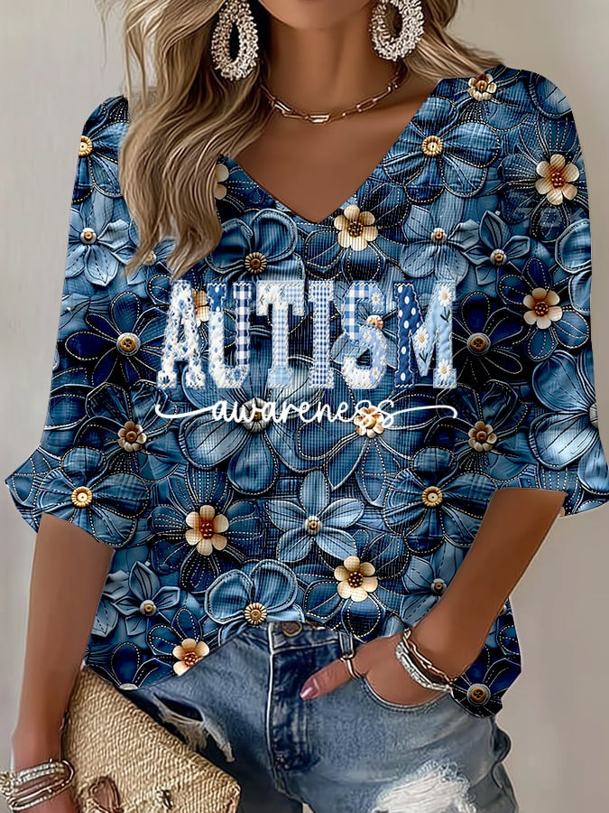 Autism Awareness Floral V-Neck Long Sleeve Shirt Autism Awareness Spectrum Clothing Gift Ideas